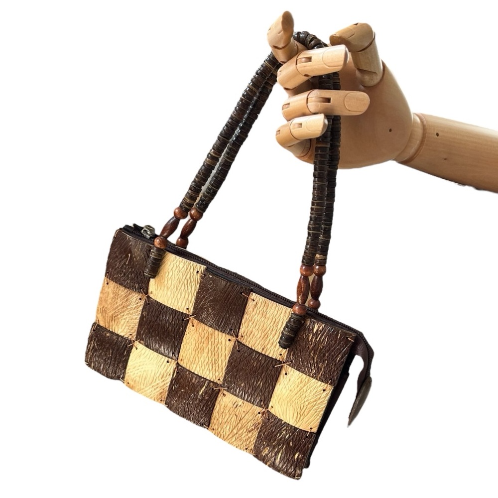Vintage wooden checkered handbag brown natural beaded handles fully lined